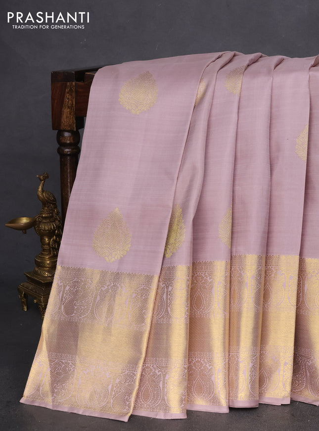 Pure kanchipuram silk saree pastel pink and teal blue with zari woven buttas and long zari woven border