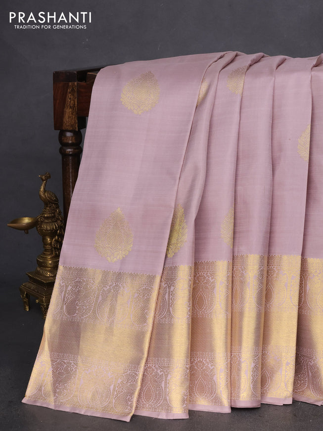 Pure kanchipuram silk saree pastel pink and teal blue with zari woven buttas and long zari woven border