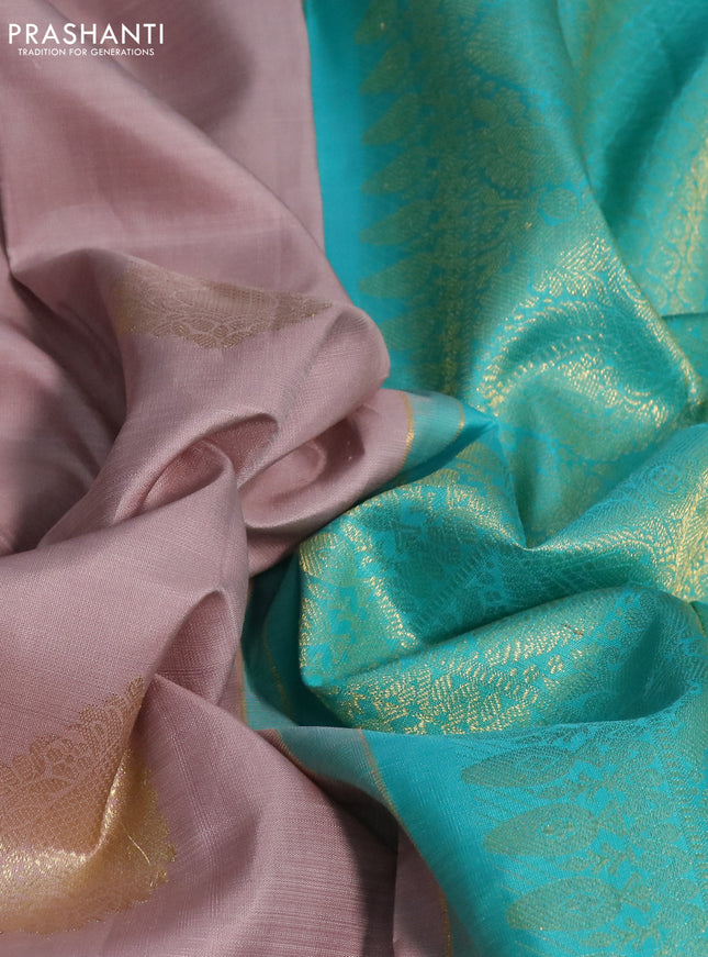 Pure kanchipuram silk saree pastel pink and teal blue with zari woven buttas and long zari woven border