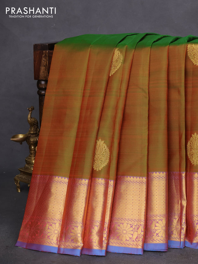 Pure kanchipuram silk saree manthulir green and cs blue with zari woven buttas and zari woven border