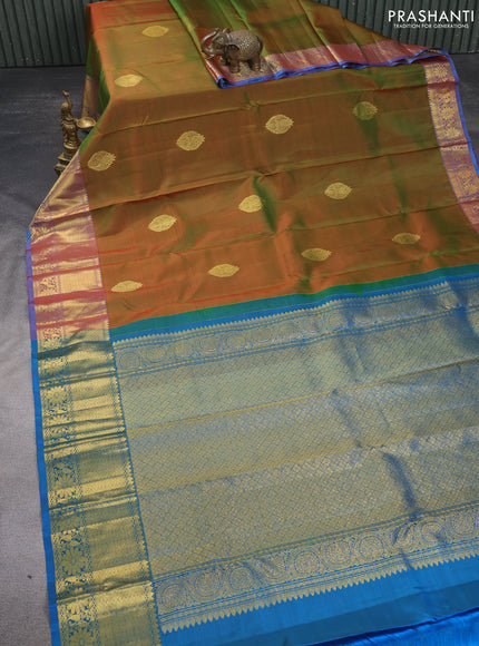 Pure kanchipuram silk saree manthulir green and cs blue with zari woven buttas and zari woven border
