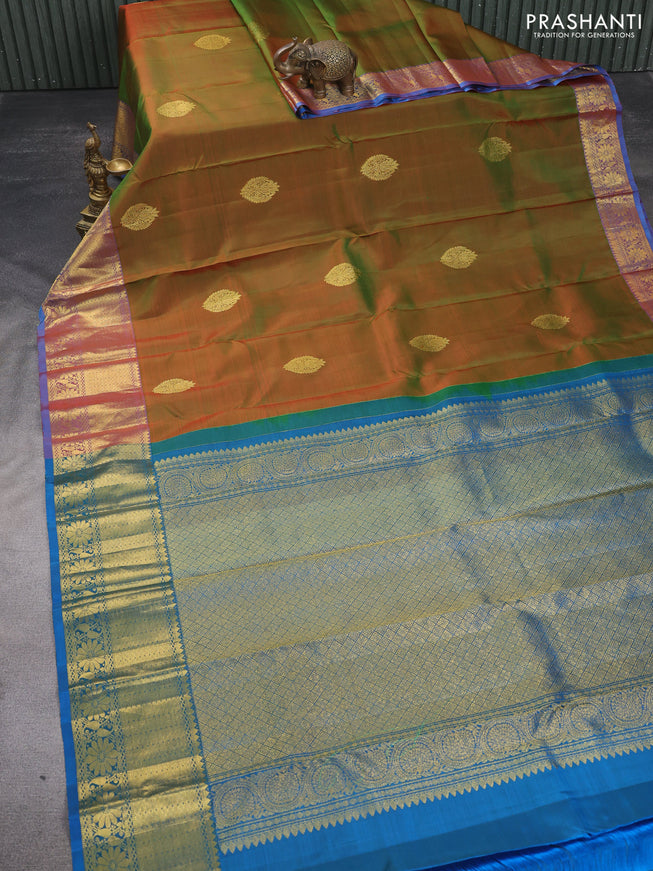 Pure kanchipuram silk saree manthulir green and cs blue with zari woven buttas and zari woven border