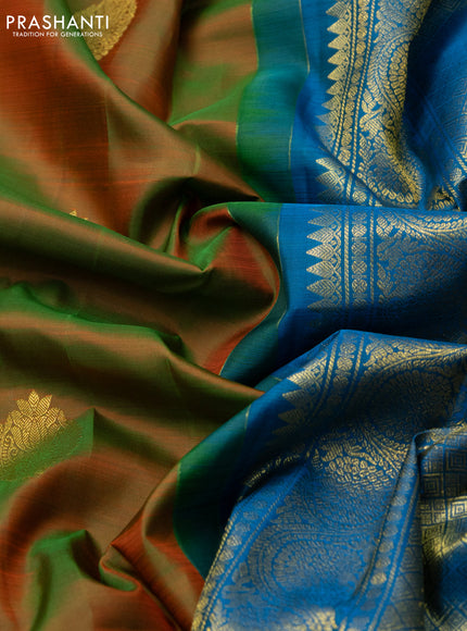 Pure kanchipuram silk saree manthulir green and cs blue with zari woven buttas and zari woven border