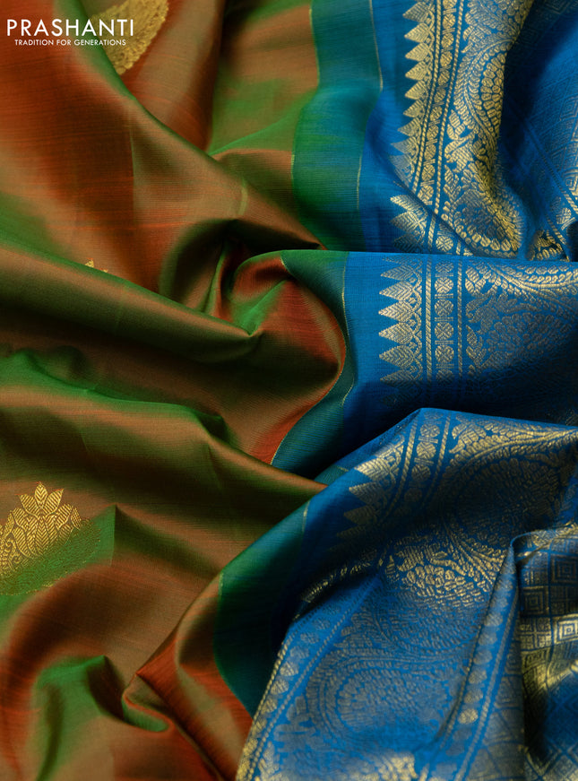 Pure kanchipuram silk saree manthulir green and cs blue with zari woven buttas and zari woven border