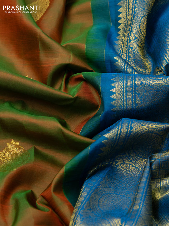 Pure kanchipuram silk saree manthulir green and cs blue with zari woven buttas and zari woven border