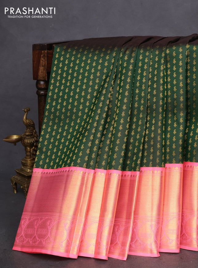 Pure kanchipuram silk saree dual shade of green and peach pink with allover zari woven 1000 buttas and long zari woven korvai border
