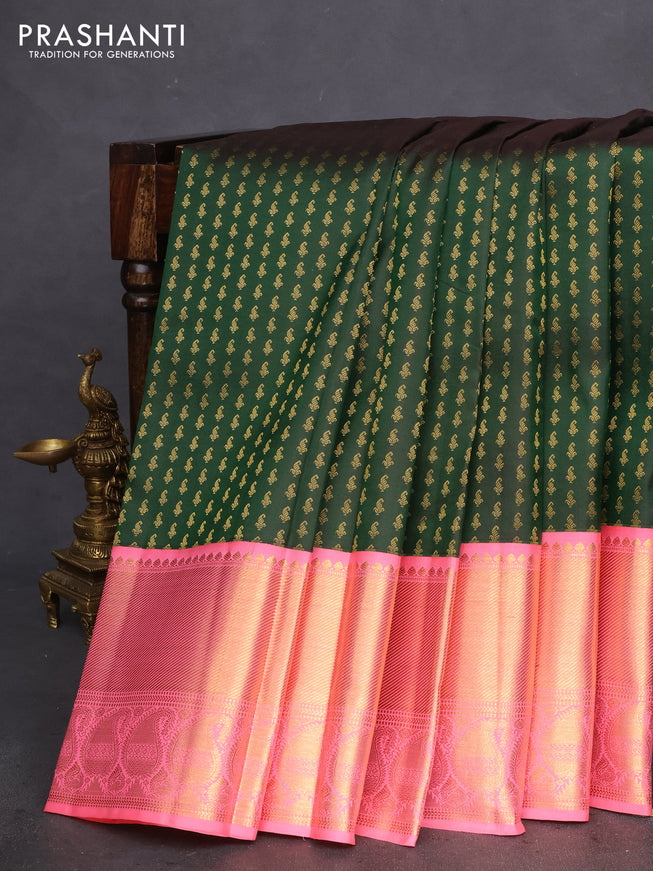 Pure kanchipuram silk saree dual shade of green and peach pink with allover zari woven 1000 buttas and long zari woven korvai border