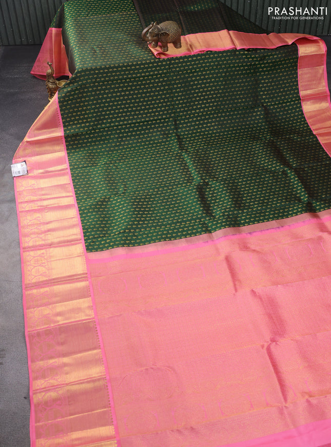 Pure kanchipuram silk saree dual shade of green and peach pink with allover zari woven 1000 buttas and long zari woven korvai border