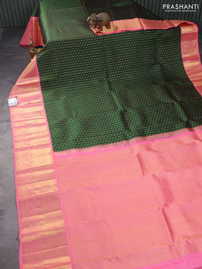 Pure kanchipuram silk saree dual shade of green and peach pink with allover zari woven 1000 buttas and long zari woven korvai border