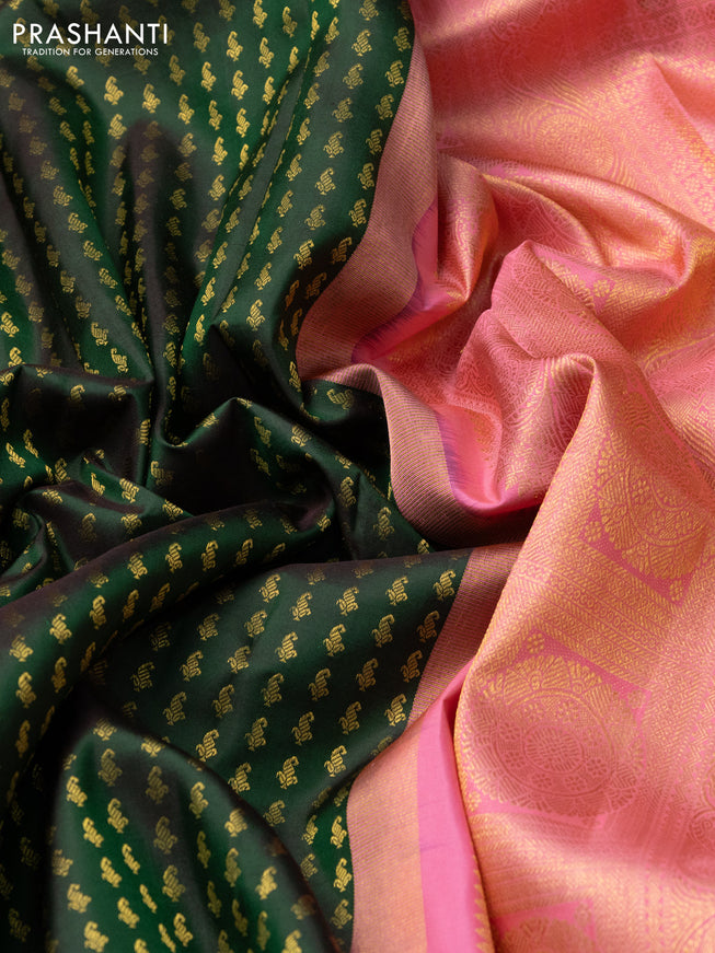 Pure kanchipuram silk saree dual shade of green and peach pink with allover zari woven 1000 buttas and long zari woven korvai border