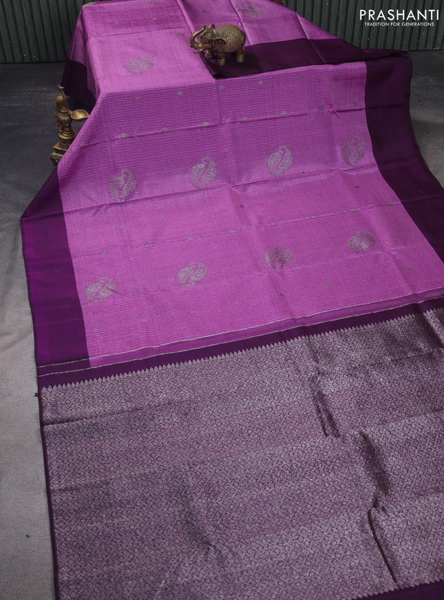 Pure kanchipuram silk saree mild purple and dual shade of purple with allover thread & zari weaves and simple boder