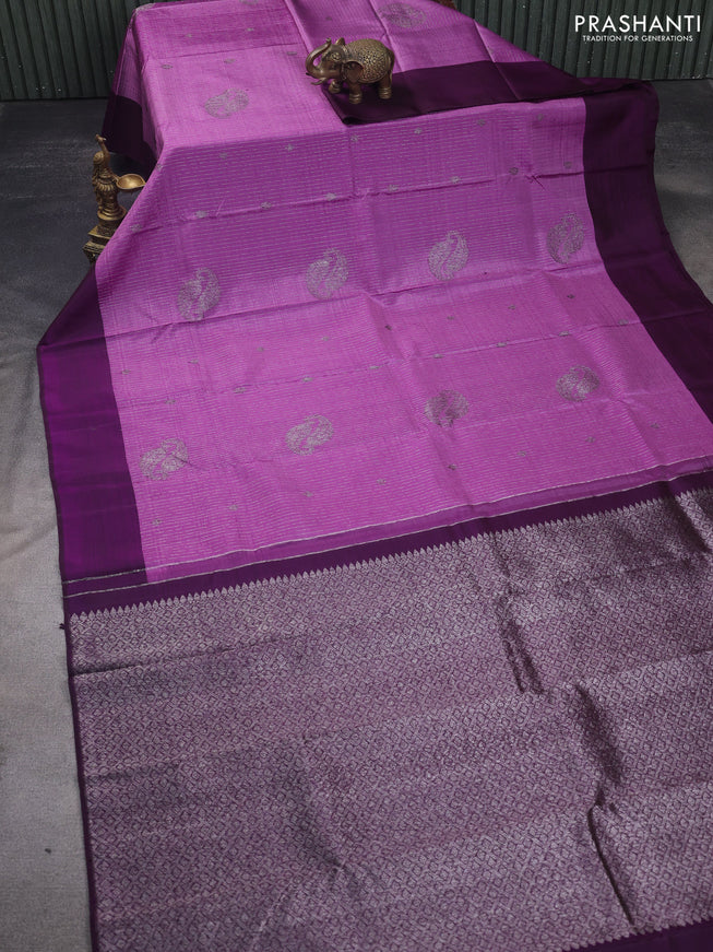 Pure kanchipuram silk saree mild purple and dual shade of purple with allover thread & zari weaves and simple boder
