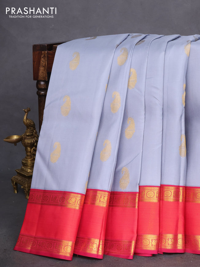 Pure kanchipuram silk saree grey shade and dark magenta with zari woven paisley buttas and rettapet zari woven border