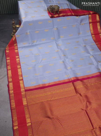 Pure kanchipuram silk saree grey shade and dark magenta with zari woven paisley buttas and rettapet zari woven border