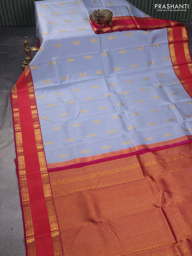 Pure kanchipuram silk saree grey shade and dark magenta with zari woven paisley buttas and rettapet zari woven border