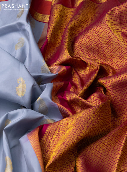 Pure kanchipuram silk saree grey shade and dark magenta with zari woven paisley buttas and rettapet zari woven border