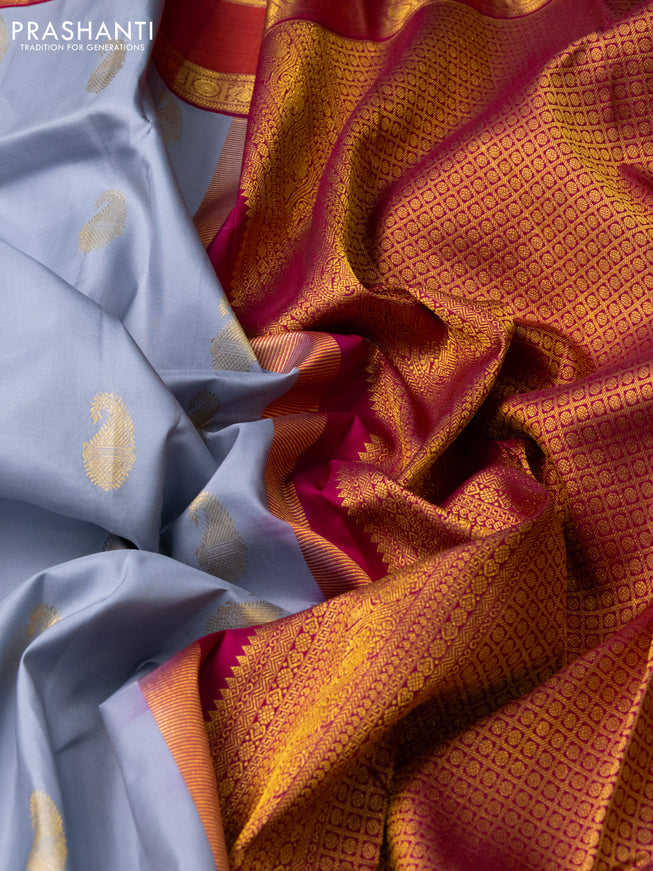 Pure kanchipuram silk saree grey shade and dark magenta with zari woven paisley buttas and rettapet zari woven border