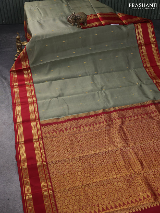 Pure kanchipuram silk saree elaichi green and maroon with zari woven buttas and rettapet zari woven border