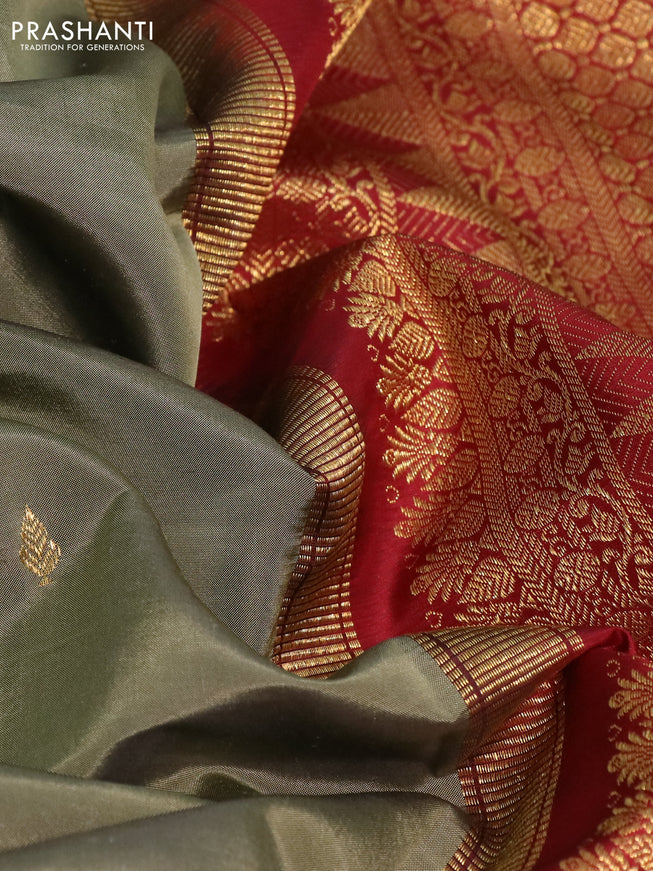Pure kanchipuram silk saree elaichi green and maroon with zari woven buttas and rettapet zari woven border
