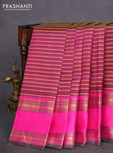 Pure kanchipuram silk saree multi colour and pink green with allover zari checked pattern and long rettapet zari woven border