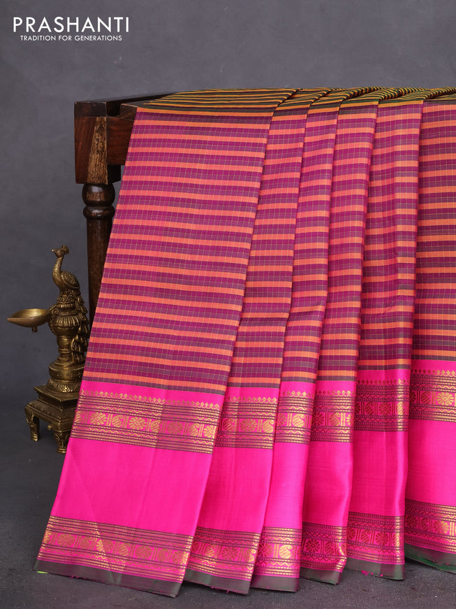 Pure kanchipuram silk saree multi colour and pink green with allover zari checked pattern and long rettapet zari woven border