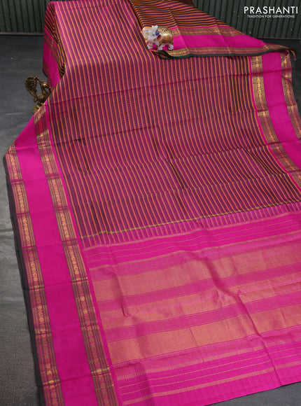 Pure kanchipuram silk saree multi colour and pink green with allover zari checked pattern and long rettapet zari woven border