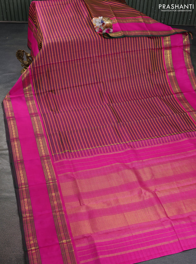 Pure kanchipuram silk saree multi colour and pink green with allover zari checked pattern and long rettapet zari woven border