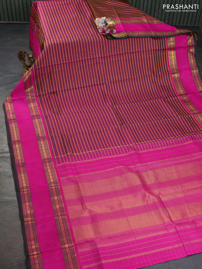 Pure kanchipuram silk saree multi colour and pink green with allover zari checked pattern and long rettapet zari woven border