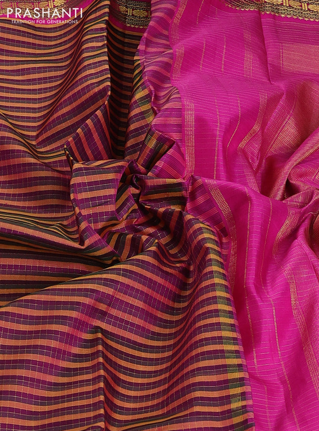 Pure kanchipuram silk saree multi colour and pink green with allover zari checked pattern and long rettapet zari woven border
