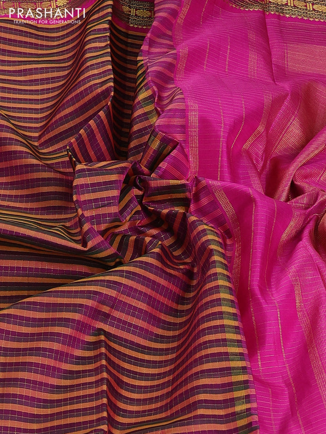 Pure kanchipuram silk saree multi colour and pink green with allover zari checked pattern and long rettapet zari woven border
