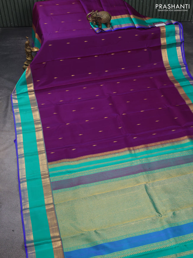 Pure kanchipuram silk saree purple and teal blue with zari woven buttas and rettapet zari woven border