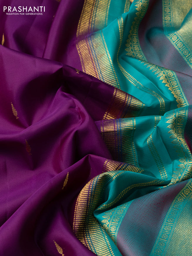 Pure kanchipuram silk saree purple and teal blue with zari woven buttas and rettapet zari woven border