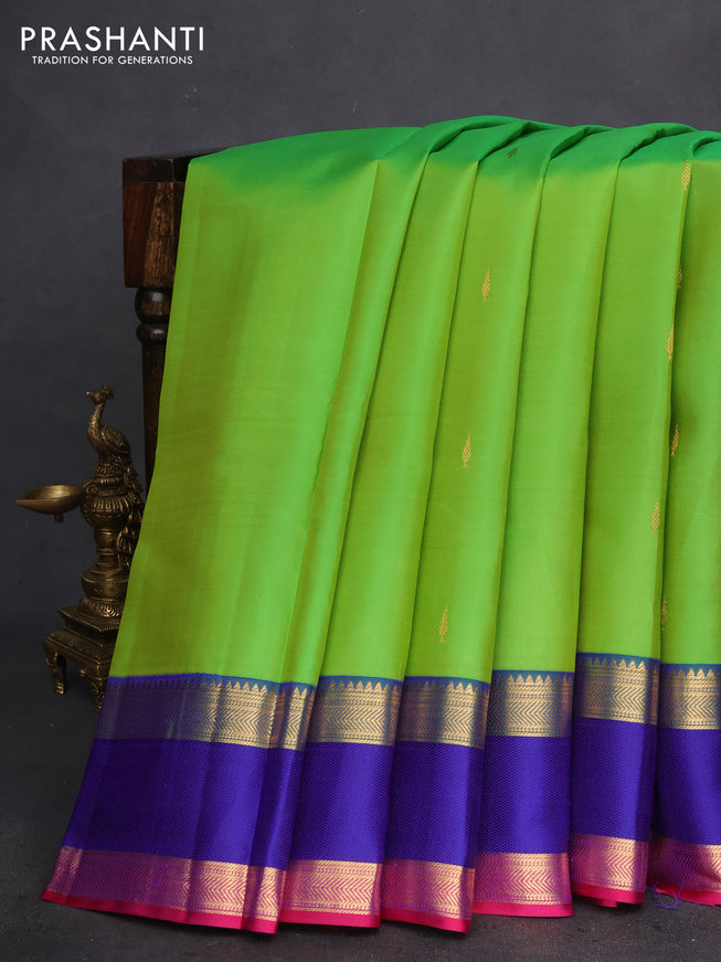 Pure kanchipuram silk saree dual shade of green and royal blue pink with zari woven buttas and rettapet zari woven border