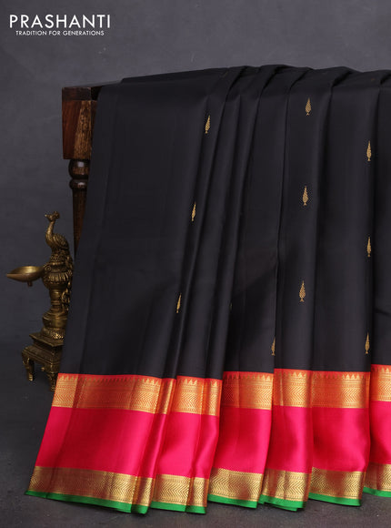 Pure kanchipuram silk saree black and pink green with zari woven buttas and rettapet zari woven border