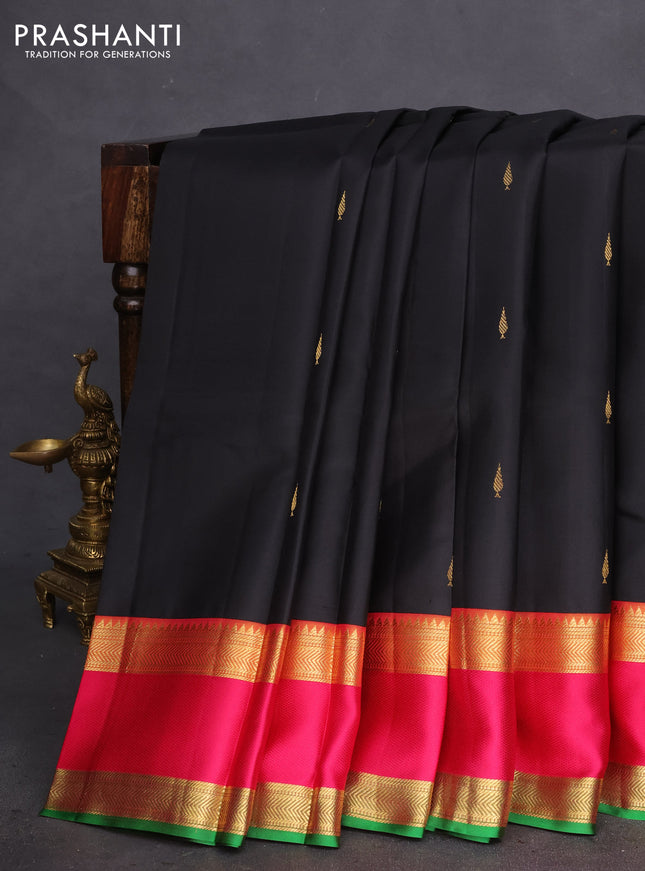 Pure kanchipuram silk saree black and pink green with zari woven buttas and rettapet zari woven border