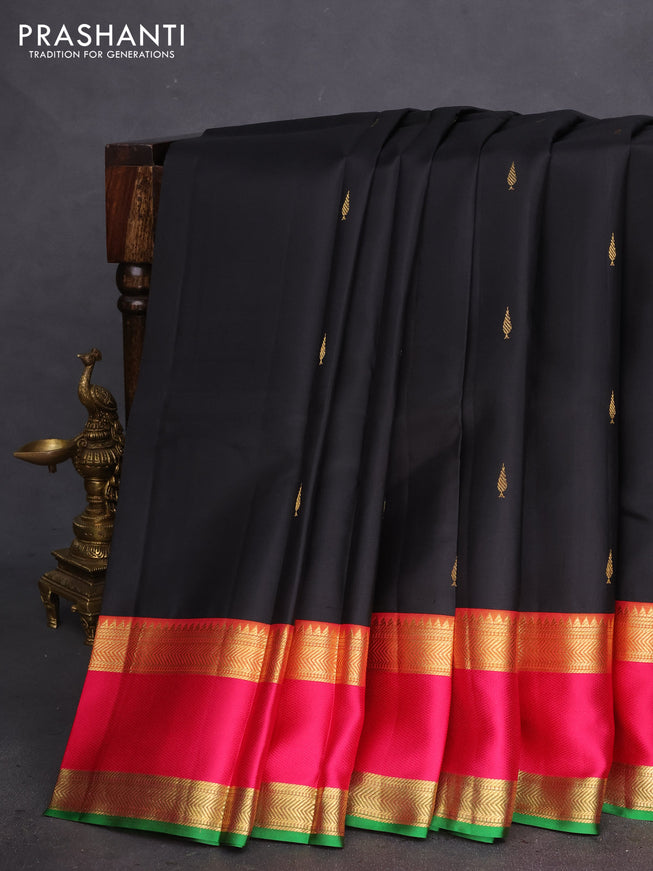 Pure kanchipuram silk saree black and pink green with zari woven buttas and rettapet zari woven border