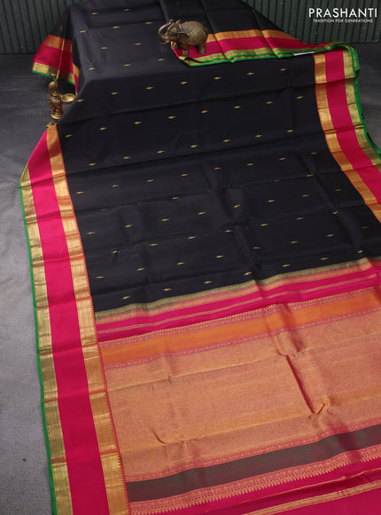 Pure kanchipuram silk saree black and pink green with zari woven buttas and rettapet zari woven border