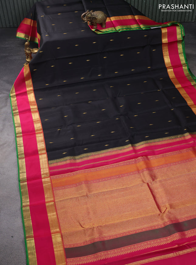 Pure kanchipuram silk saree black and pink green with zari woven buttas and rettapet zari woven border
