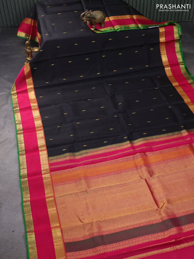 Pure kanchipuram silk saree black and pink green with zari woven buttas and rettapet zari woven border