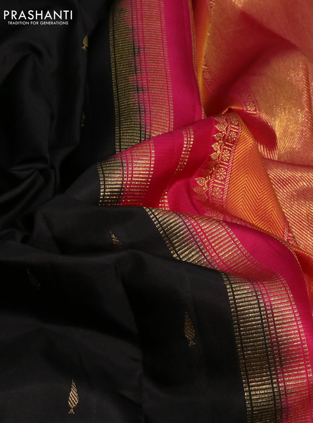 Pure kanchipuram silk saree black and pink green with zari woven buttas and rettapet zari woven border