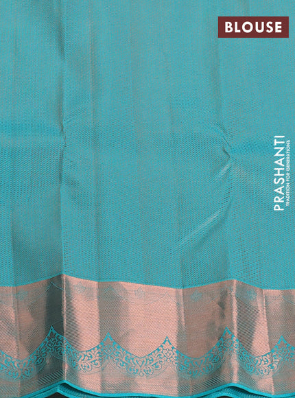 Pure kanchipuram silk saree teal blue shade with allover copper zari wevaes and copper zari woven border