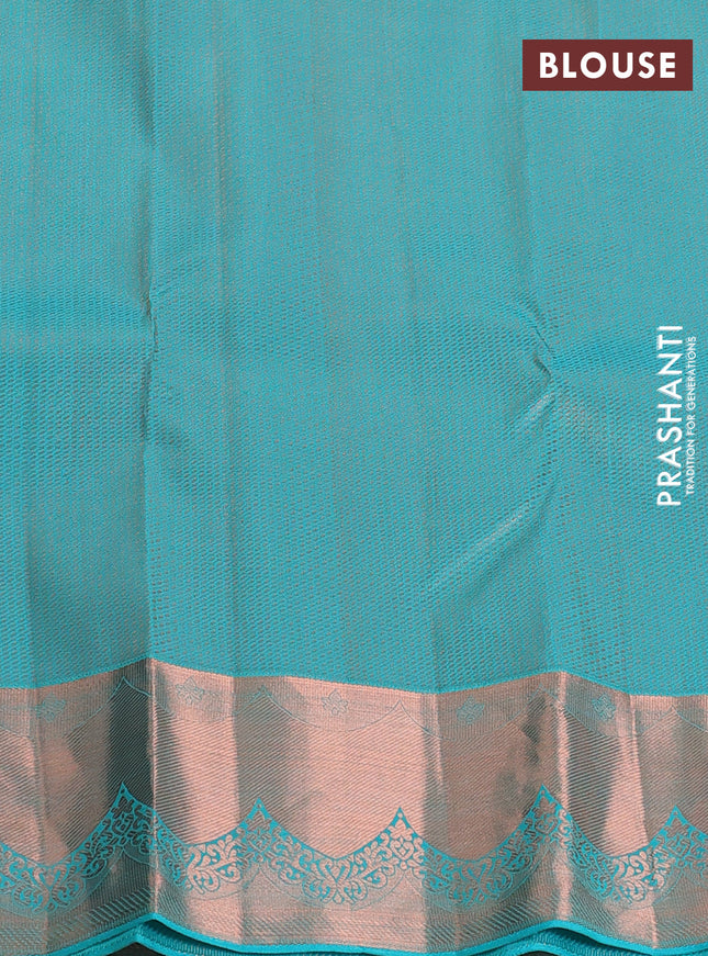 Pure kanchipuram silk saree teal blue shade with allover copper zari wevaes and copper zari woven border