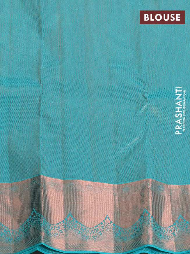Pure kanchipuram silk saree teal blue shade with allover copper zari wevaes and copper zari woven border