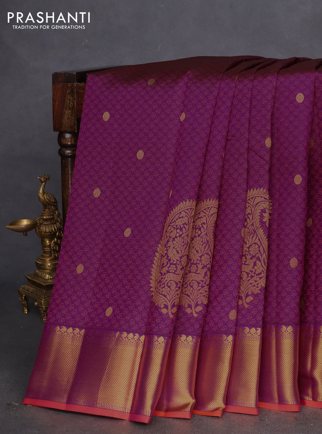 Pure kanchipuram silk saree magenta pink and dual shade of orange with allover thread & zari brocade weaves and zari woven border