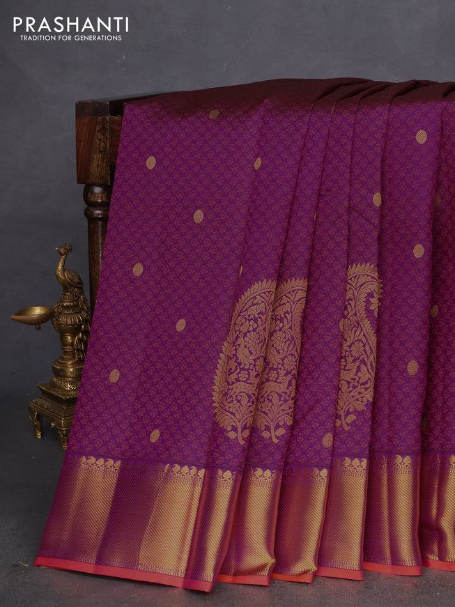 Pure kanchipuram silk saree magenta pink and dual shade of orange with allover thread & zari brocade weaves and zari woven border