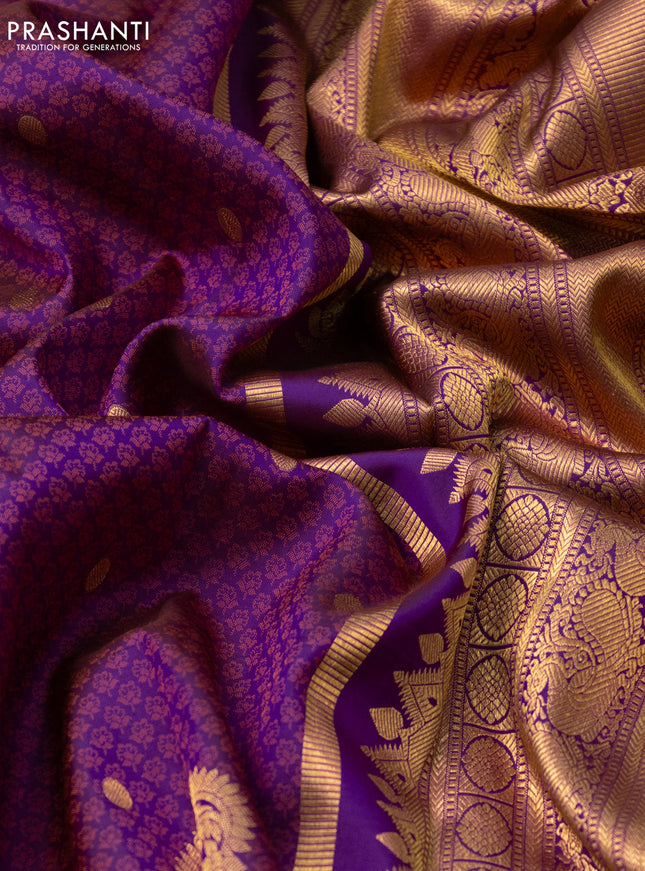 Pure kanchipuram silk saree magenta pink and dual shade of orange with allover thread & zari brocade weaves and zari woven border