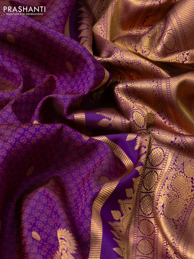 Pure kanchipuram silk saree magenta pink and dual shade of orange with allover thread & zari brocade weaves and zari woven border