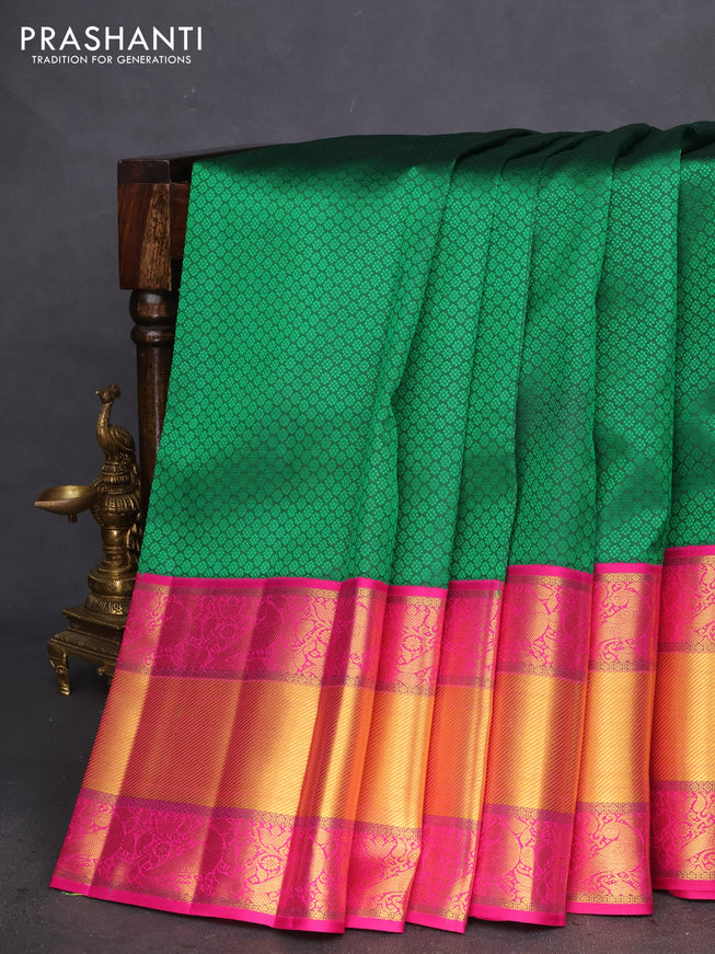 Pure kanchipuram silk saree green and pink with allover self emboss and long rich zari woven border