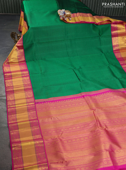 Pure kanchipuram silk saree green and pink with allover self emboss and long rich zari woven border