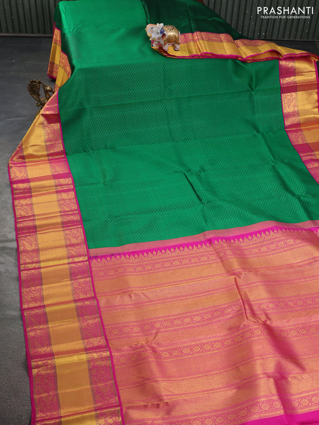 Pure kanchipuram silk saree green and pink with allover self emboss and long rich zari woven border